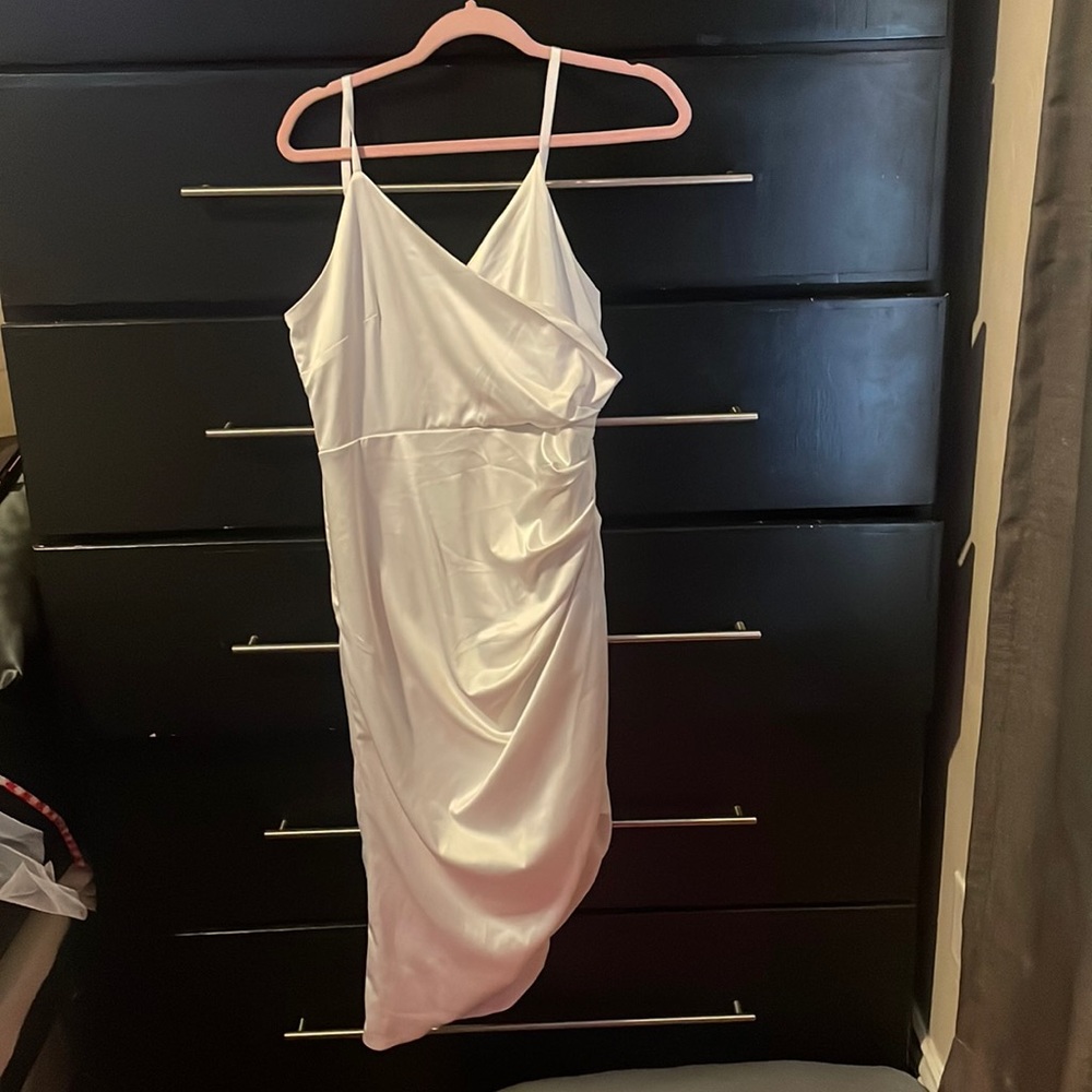 PARTHEA Ruched Wrap Asymmetrical Hem Satin Cami Dress